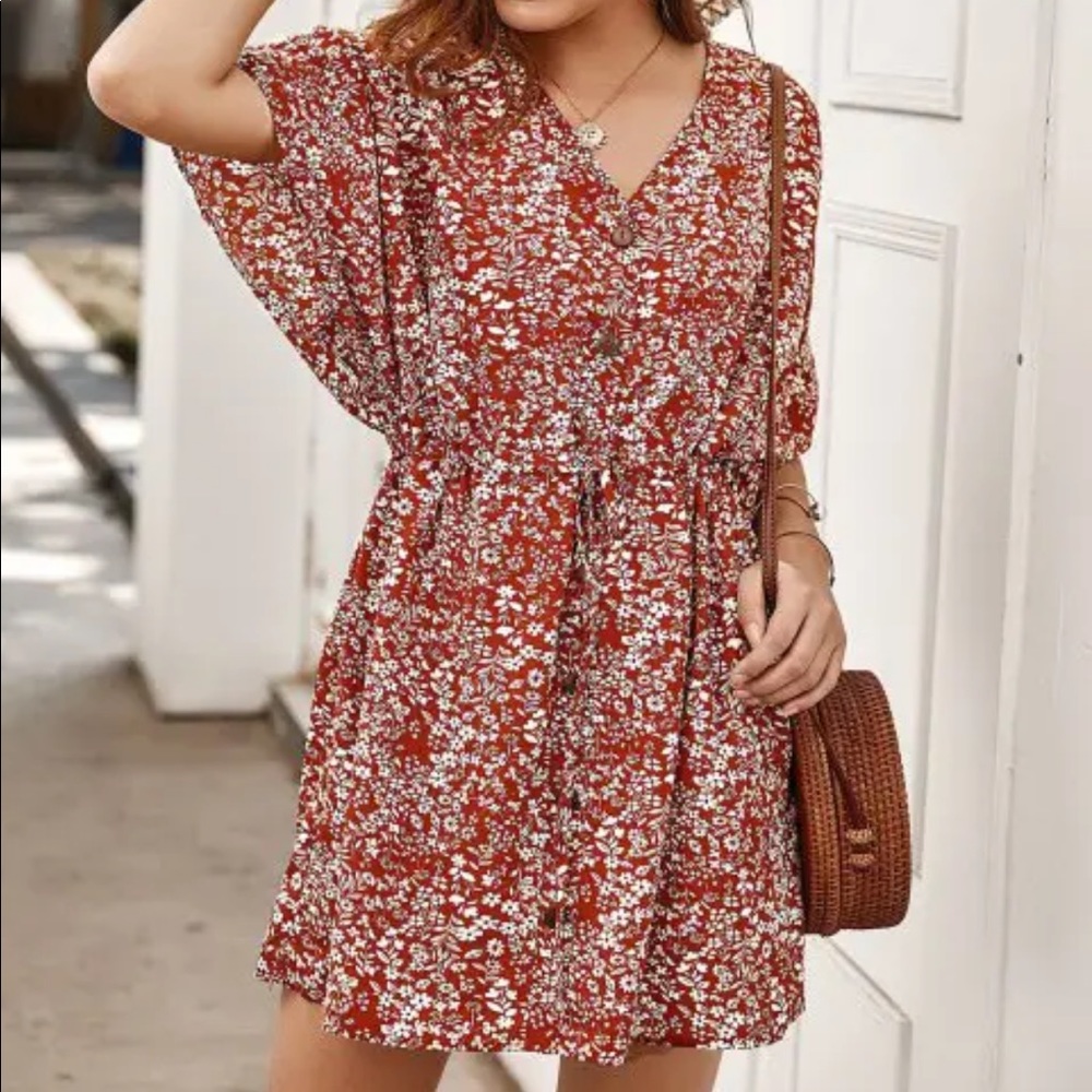 Zaful Drawstring Button Down Dress - Floral - S